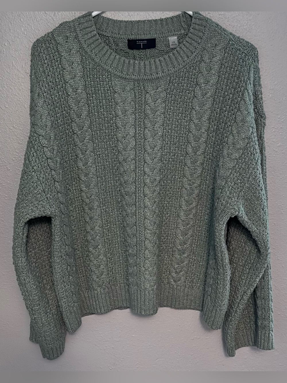 Tahari Light Sage Cable Knit Crew Neck Sweater